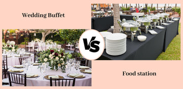 Wedding buffet vs food stations comparison setup at a 2026 wedding reception 