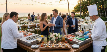 Wedding catering food stations setup at a Los Angeles outdoor wedding reception