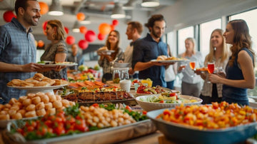 Office holiday party with corporate catering setup